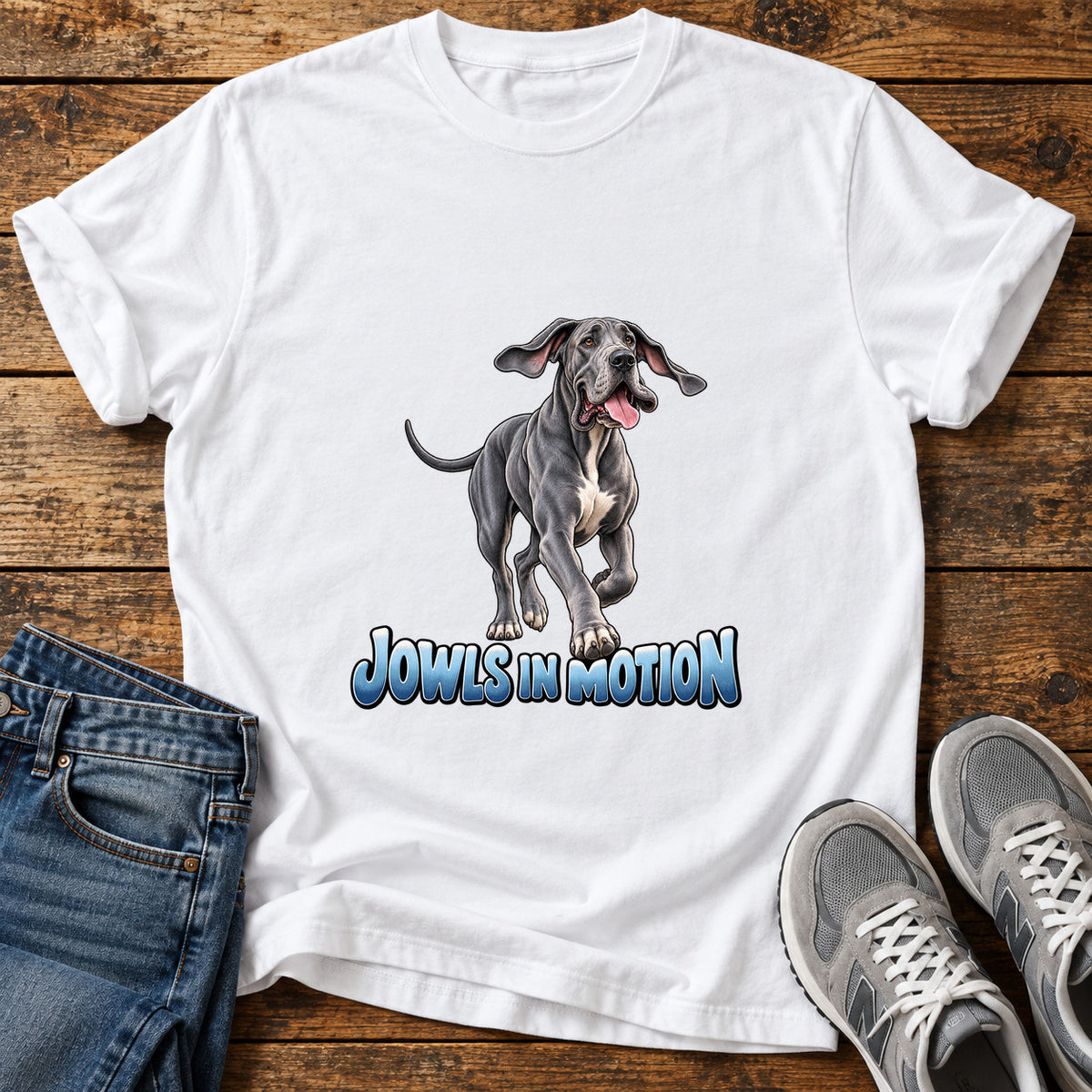 Jowls In Motion Great Dane graphic T-shirt in White, shown on a flat-lay shirt mockup