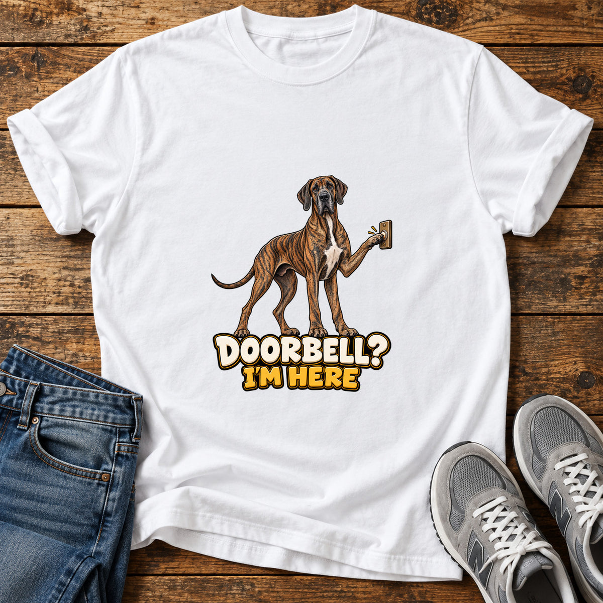 Doorbell Guardian Great Dane graphic T-shirt in White, shown on a flat-lay shirt mockup