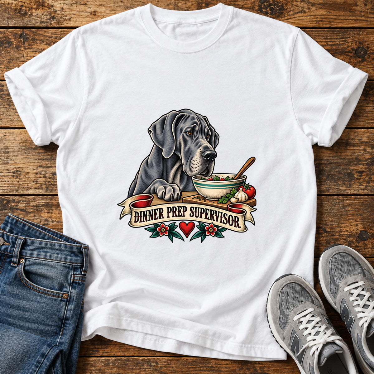 Dinner Prep Supervisor Great Dane graphic T-shirt in White, shown on a flat-lay shirt mockup
