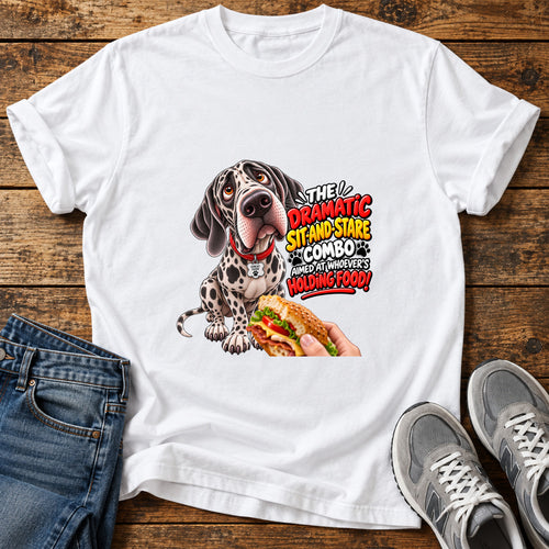 Dramatic Sit-Stare Great Dane graphic T-shirt in White, shown on a flat-lay shirt mockup