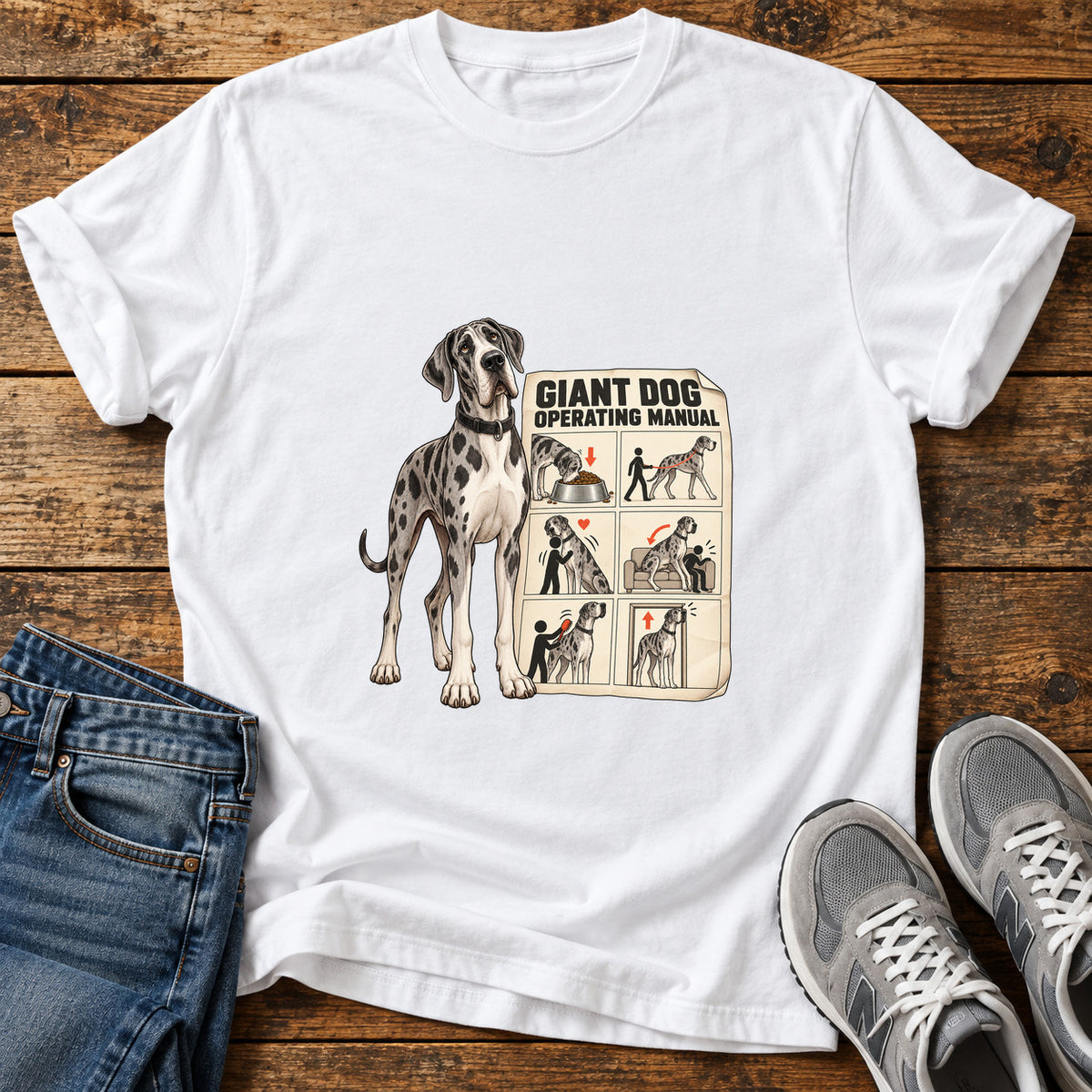 Giant Dog Guide Great Dane graphic T-shirt in White, shown on a flat-lay shirt mockup