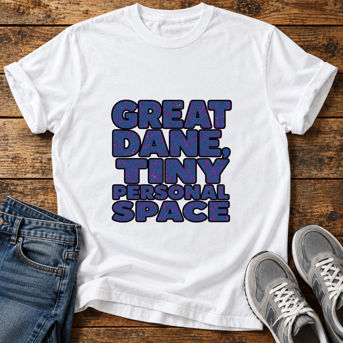 Great Dane Space graphic T-shirt in White, shown on a flat-lay shirt mockup