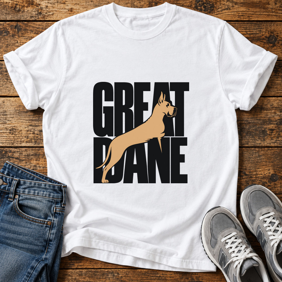 Great Dane Elegance graphic T-shirt in White, shown on a flat-lay shirt mockup
