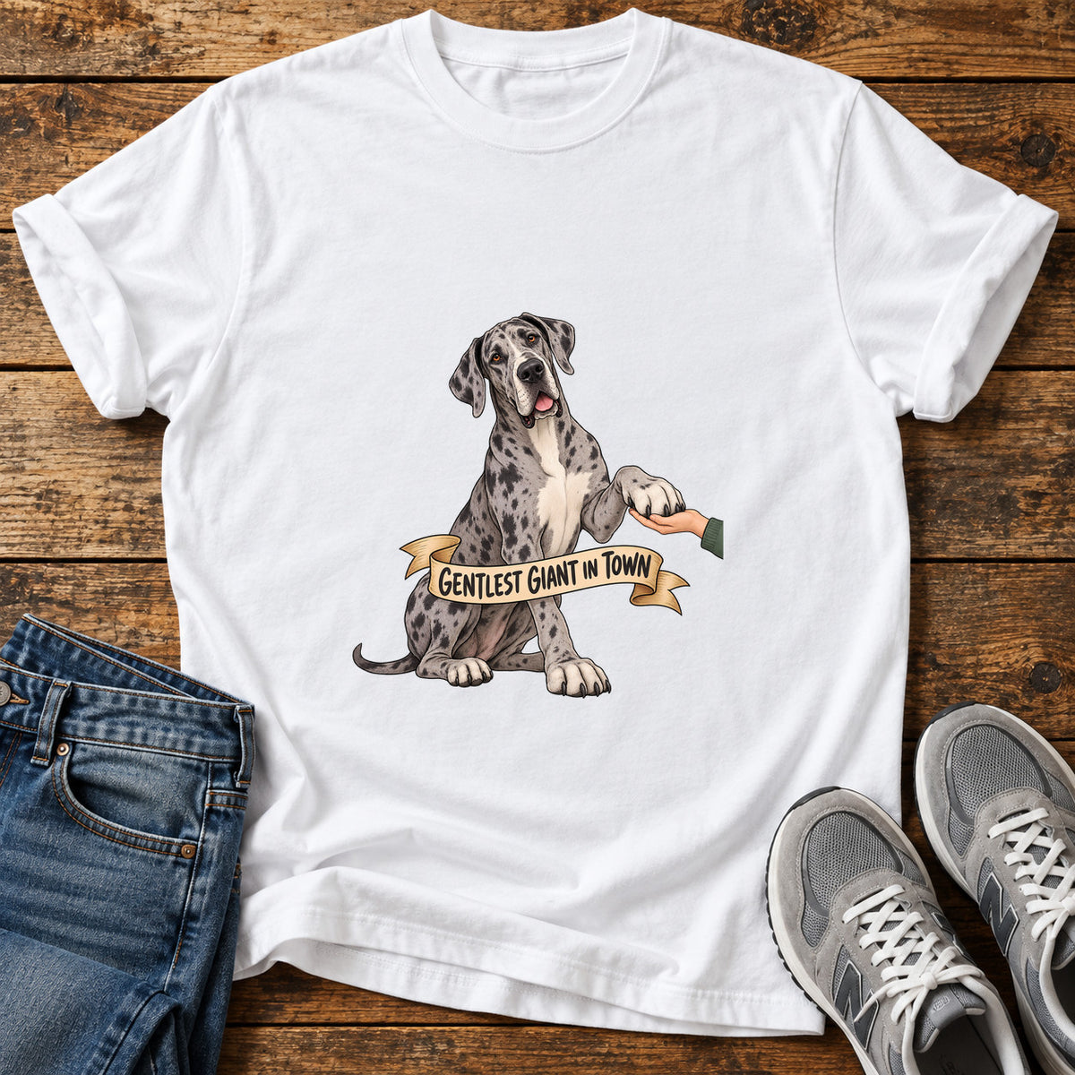 Gentlest Giant Great Dane graphic T-shirt in White, shown on a flat-lay shirt mockup