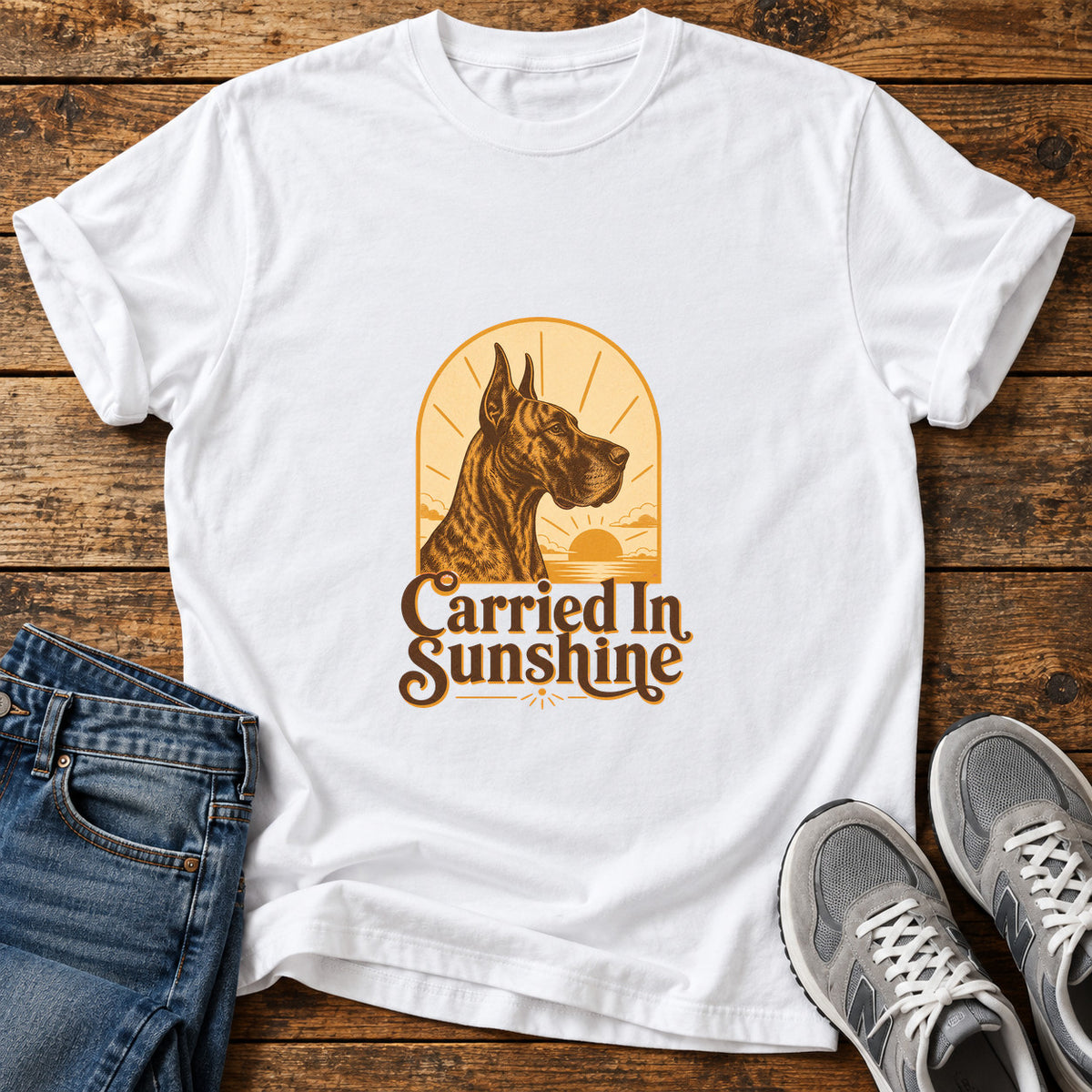 Carried In Sunshine Great Dane graphic T-shirt in White, shown on a flat-lay shirt mockup