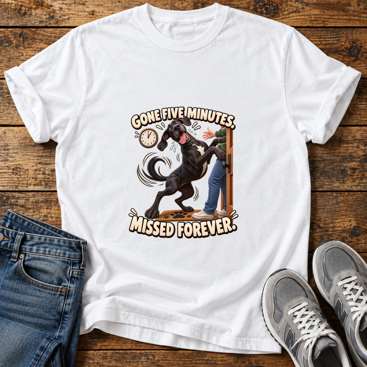 Gone Five Minutes Great Dane graphic T-shirt in White, shown on a flat-lay shirt mockup