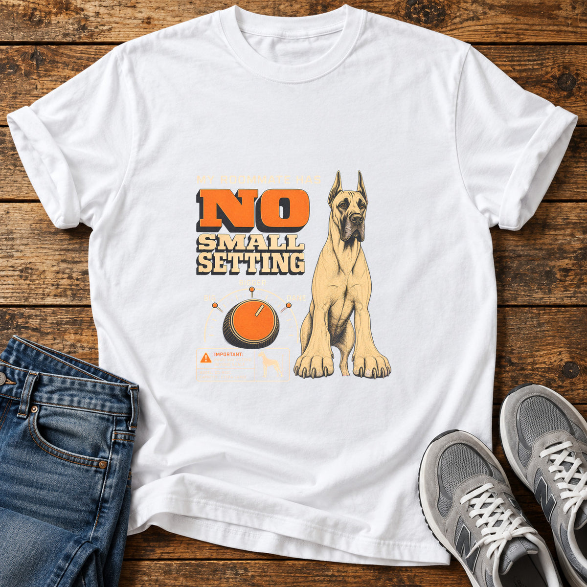 No Small Setting Great Dane graphic T-shirt in White, shown on a flat-lay shirt mockup