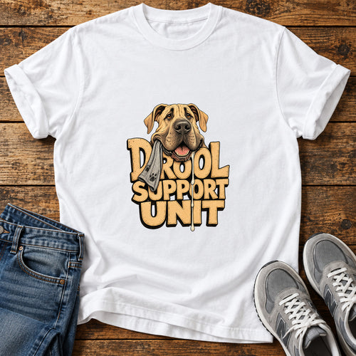 Drool Support Unit Great Dane graphic T-shirt in White, shown on a flat-lay shirt mockup