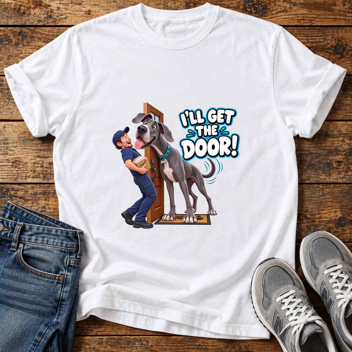 I'll Get Door Great Dane graphic T-shirt in White, shown on a flat-lay shirt mockup