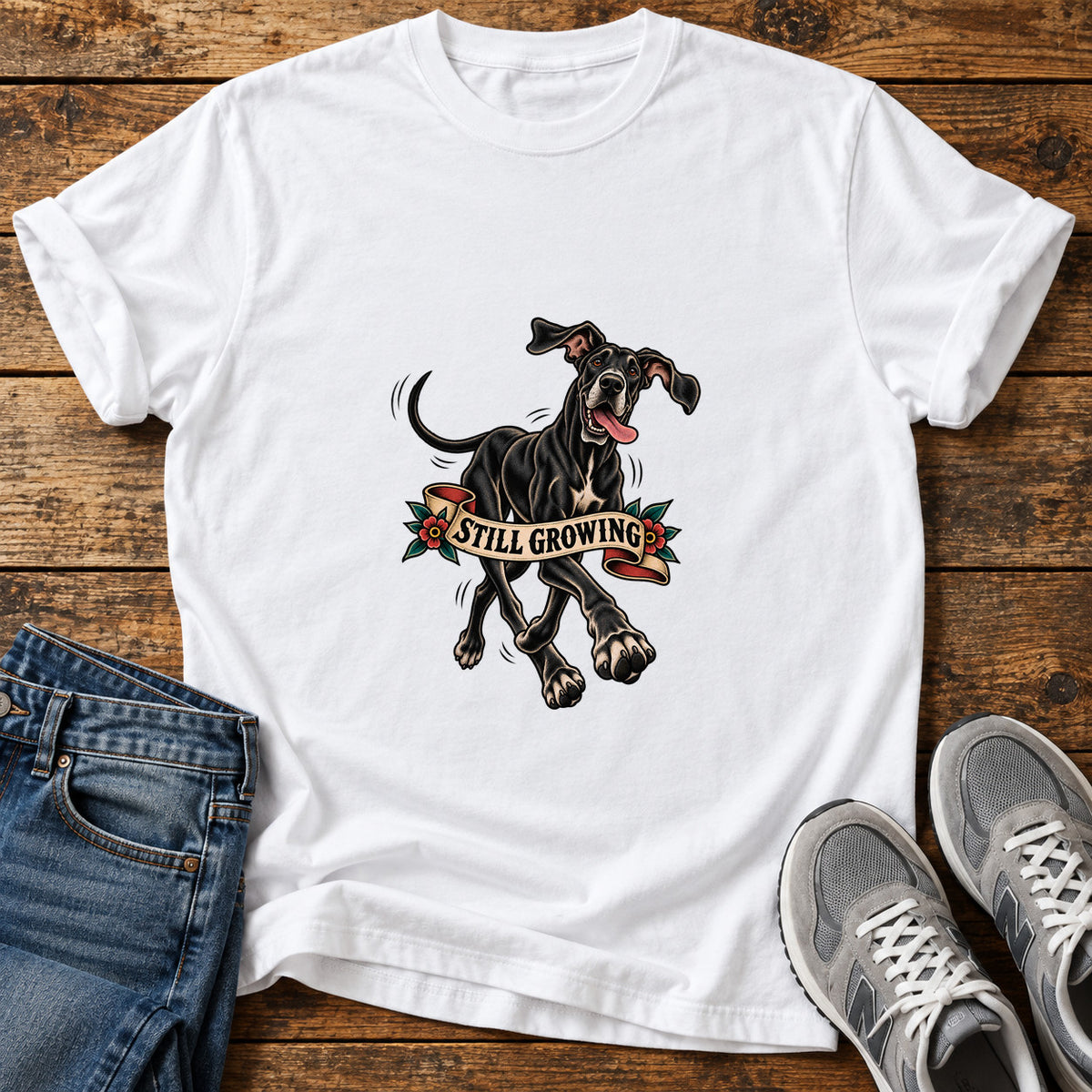 Still Growing Great Dane graphic T-shirt in White, shown on a flat-lay shirt mockup