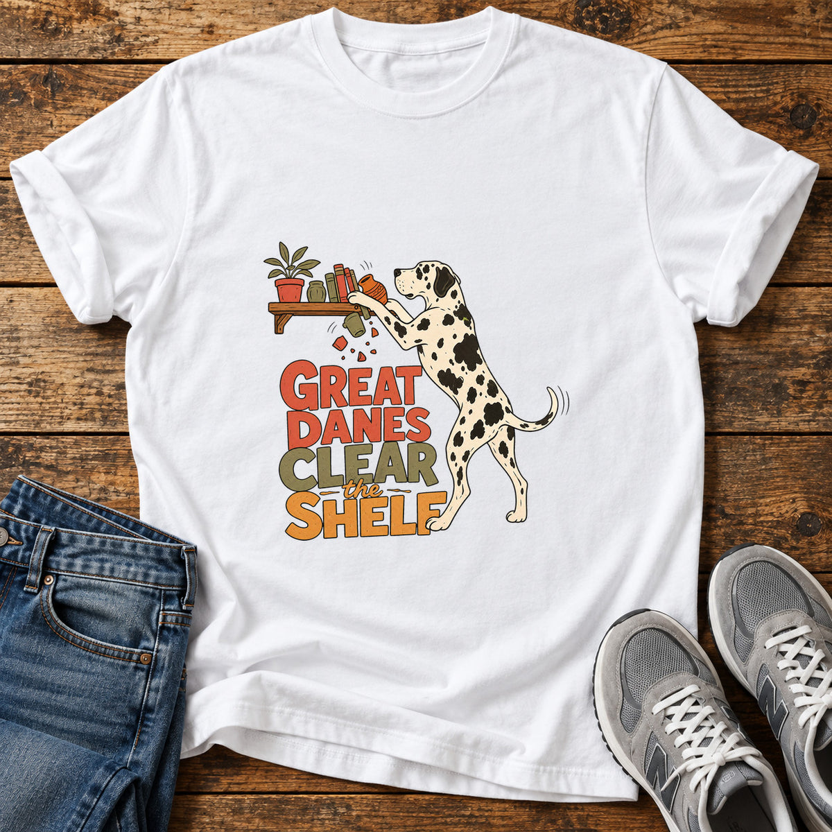 Great Danes Shelf graphic T-shirt in White, shown on a flat-lay shirt mockup
