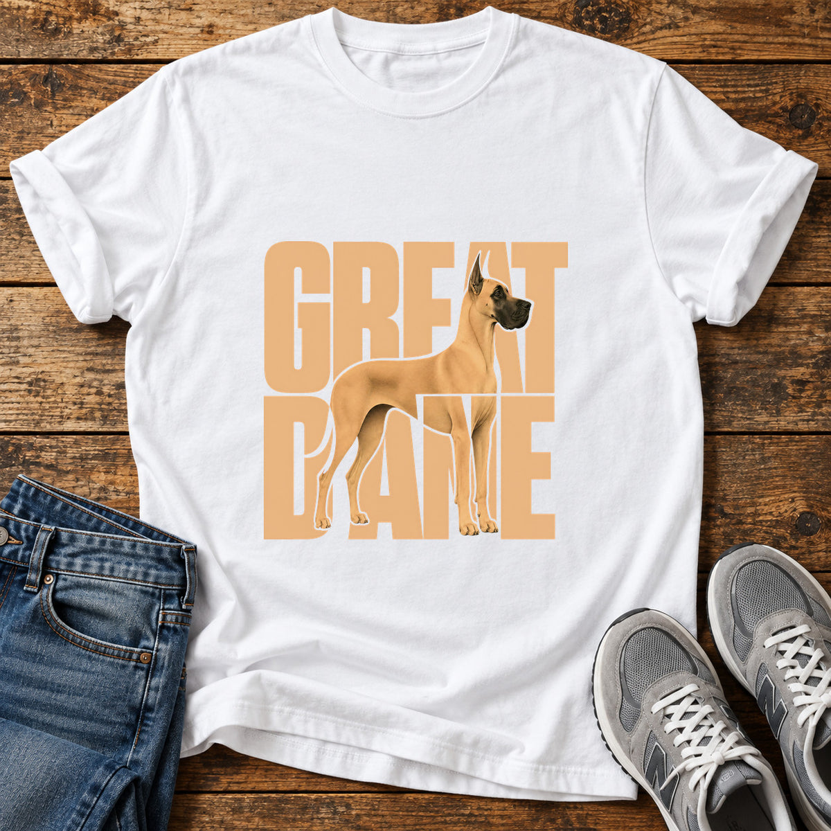 Great Dane graphic T-shirt in White, shown on a flat-lay shirt mockup
