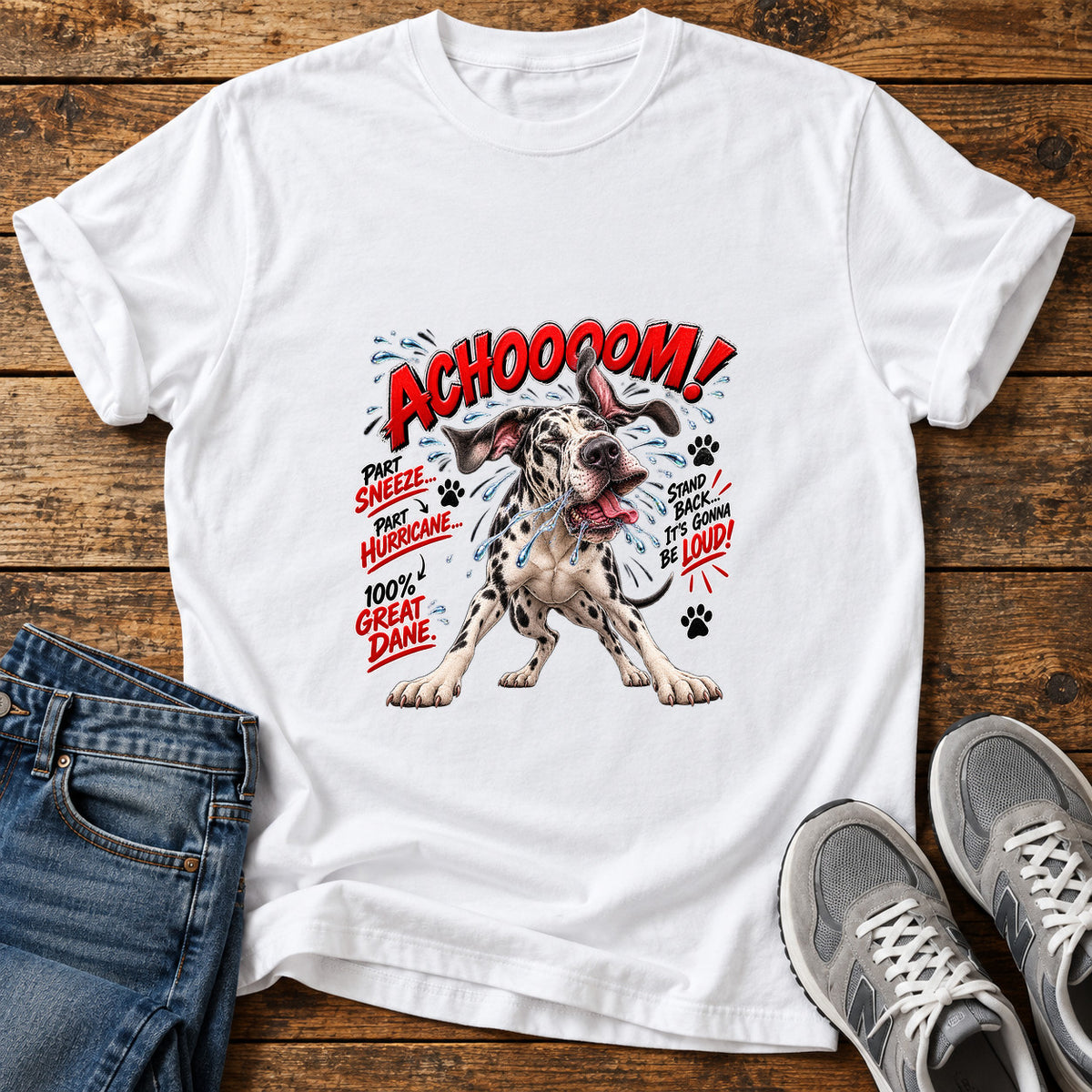 Achoooom Hurricane Great Dane graphic T-shirt in White, shown on a flat-lay shirt mockup