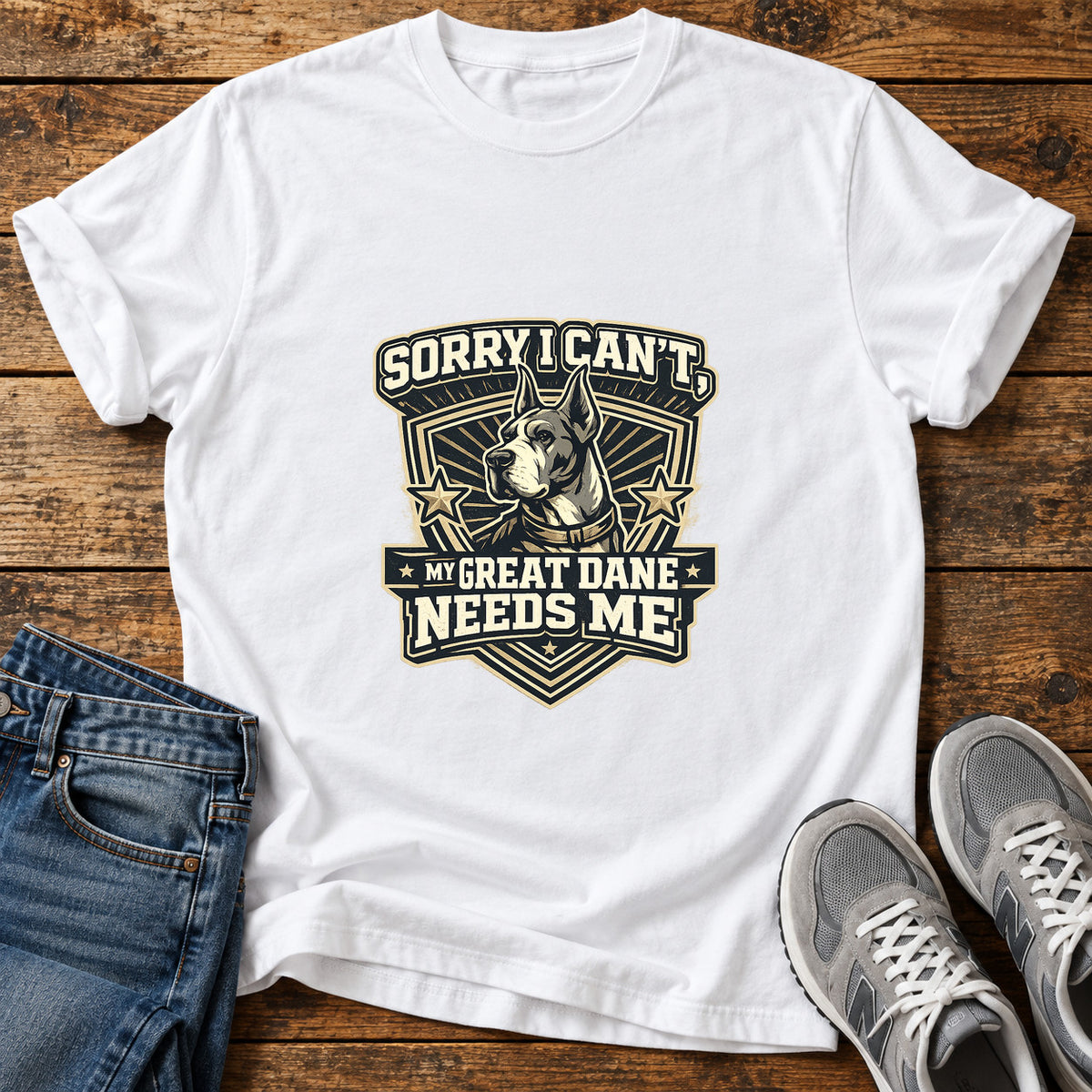 Sorry Great Dane graphic T-shirt in White, shown on a flat-lay shirt mockup