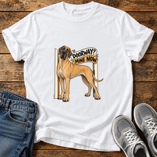 Doorway Takeover Great Dane graphic T-shirt in White, shown on a flat-lay shirt mockup