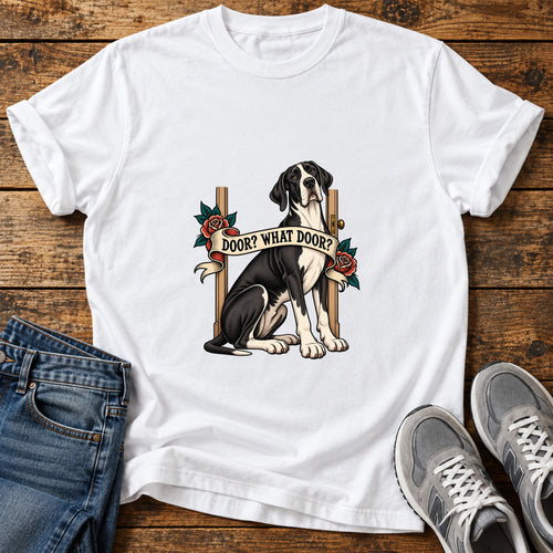 Door What Door Great Dane graphic T-shirt in White, shown on a flat-lay shirt mockup