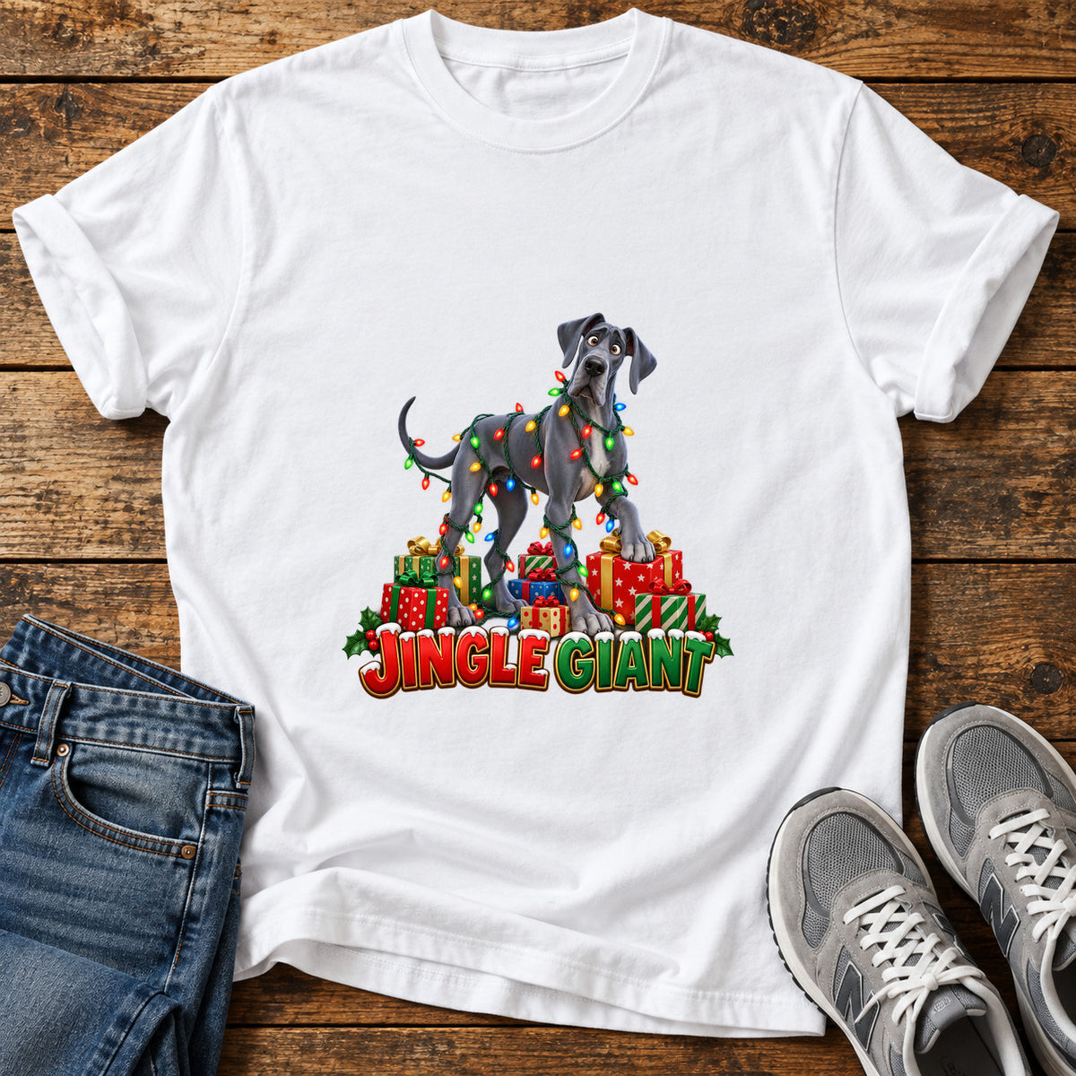 Jingle Giant Great Dane graphic T-shirt in White, shown on a flat-lay shirt mockup
