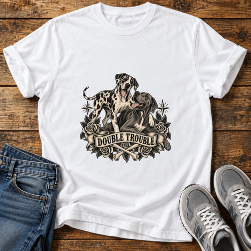 Double Trouble Great Dane graphic T-shirt in White, shown on a flat-lay shirt mockup