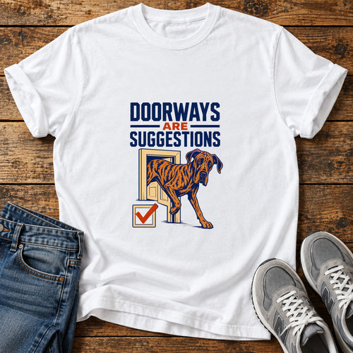 Doorways Suggestions Great Dane graphic T-shirt in White, shown on a flat-lay shirt mockup
