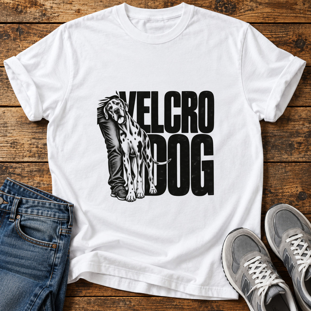 Velcro Dog Great Dane graphic T-shirt in White, shown on a flat-lay shirt mockup