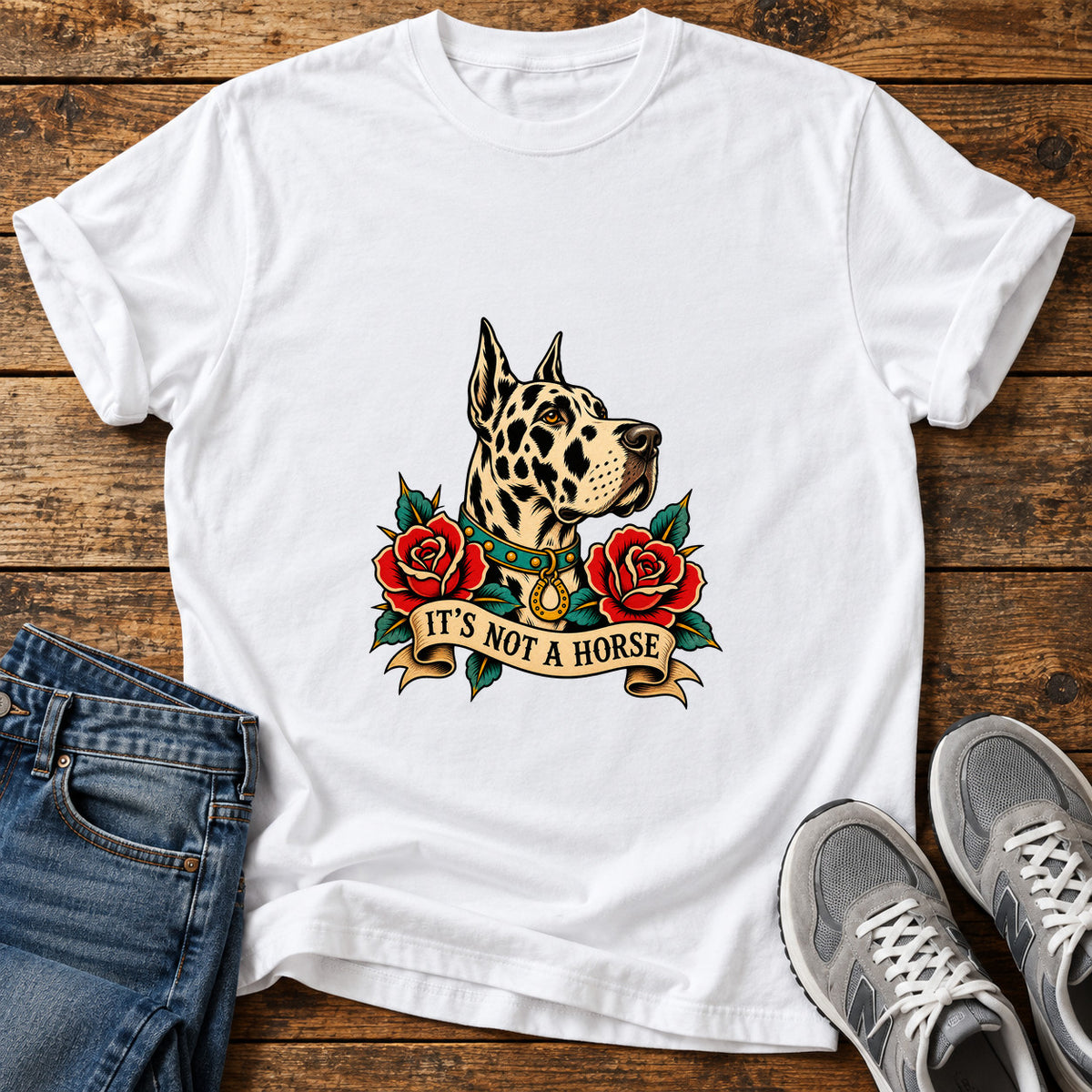 It's Not A Great Dane graphic T-shirt in White, shown on a flat-lay shirt mockup