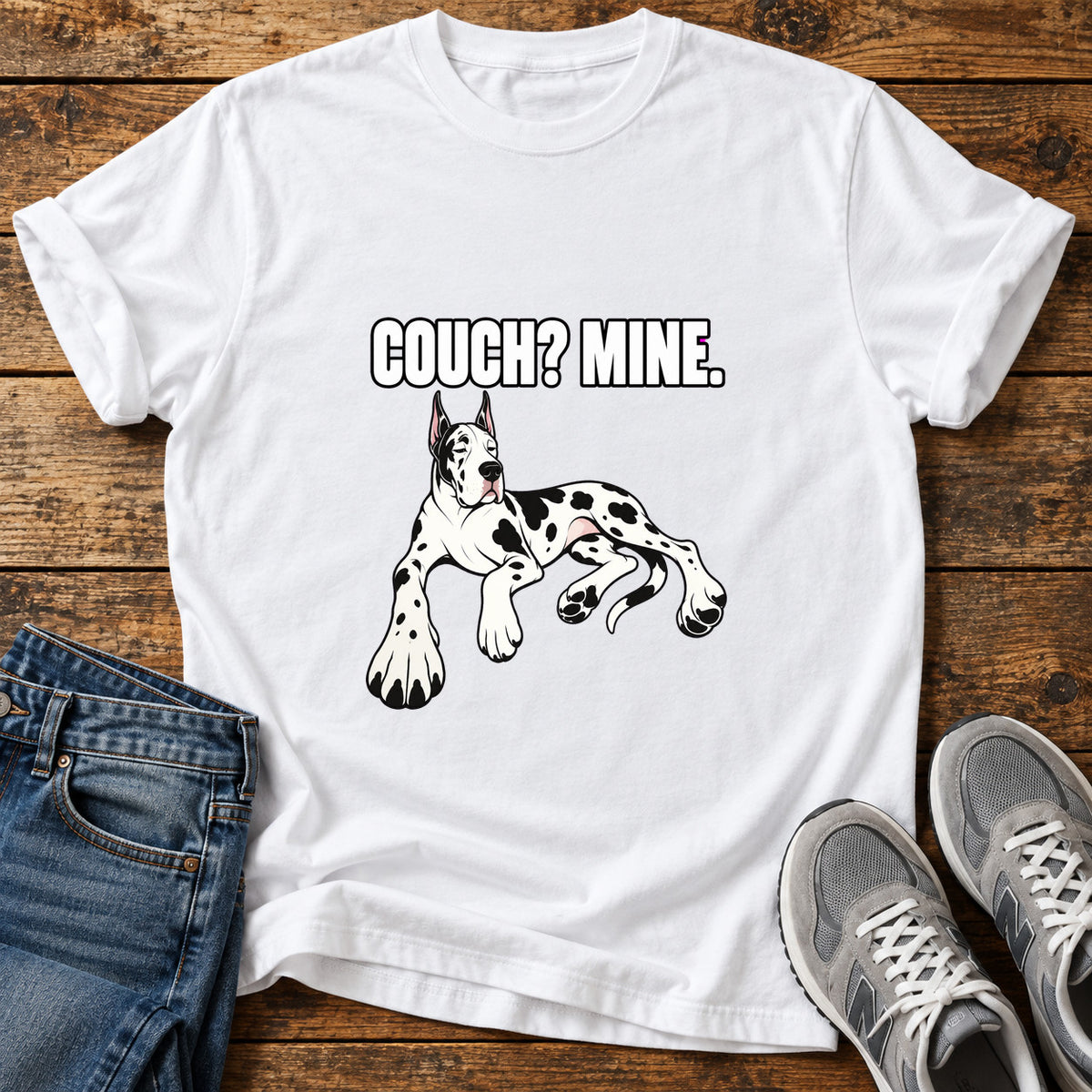 Couch Mine Great Dane graphic T-shirt in White, shown on a flat-lay shirt mockup