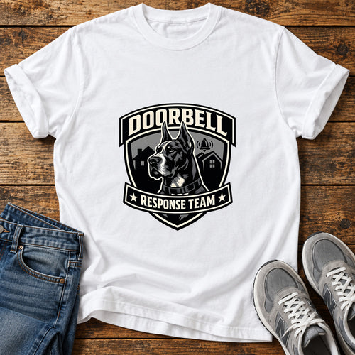 Doorbell Response Great Dane graphic T-shirt in White, shown on a flat-lay shirt mockup