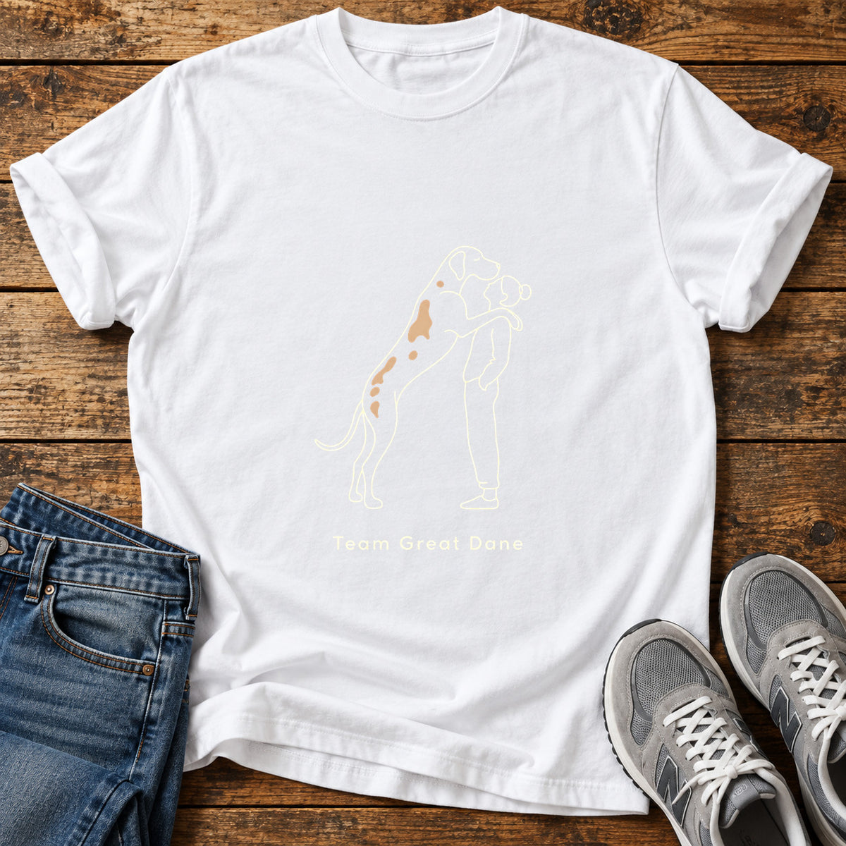 Team Great Dane graphic T-shirt in White, shown on a flat-lay shirt mockup