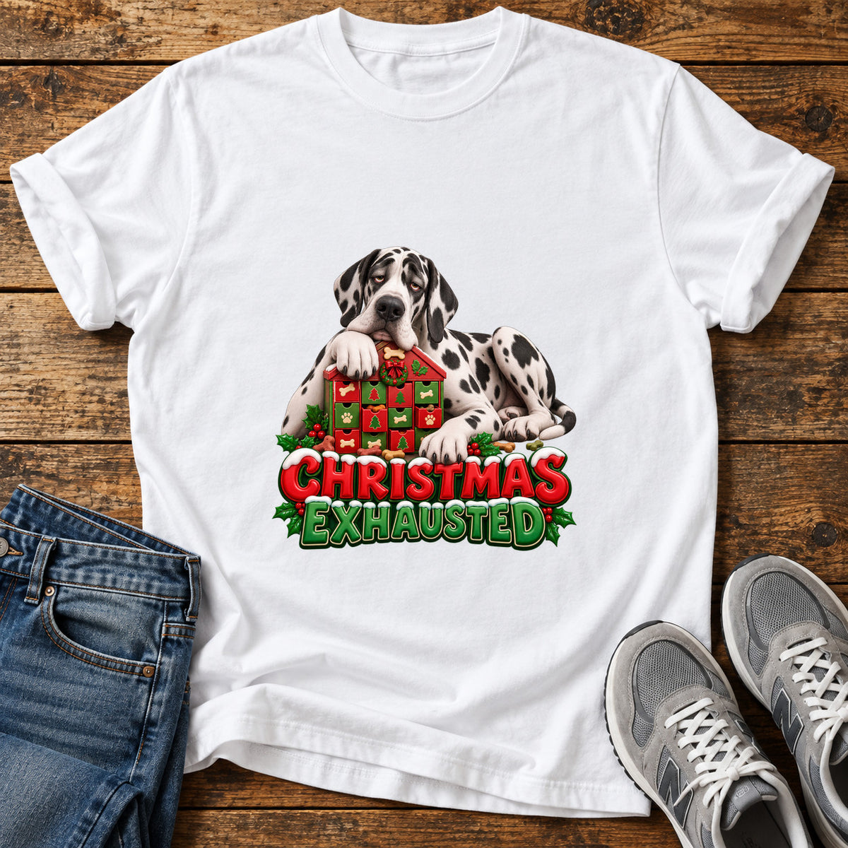Christmas Exhausted Great Dane graphic T-shirt in White, shown on a flat-lay shirt mockup