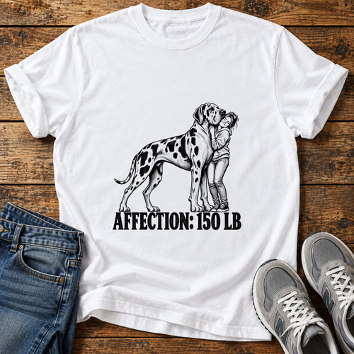 Affection 150 lb Great Dane graphic T-shirt in White, shown on a flat-lay shirt mockup