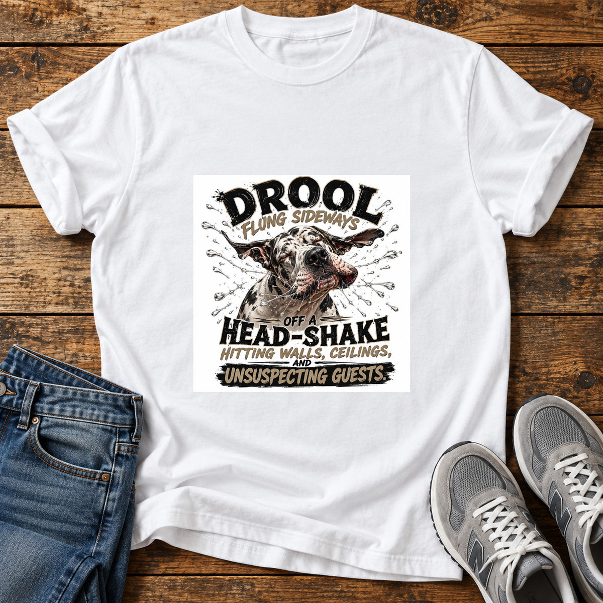 Drool Head-Shake Great Dane graphic T-shirt in White, shown on a flat-lay shirt mockup