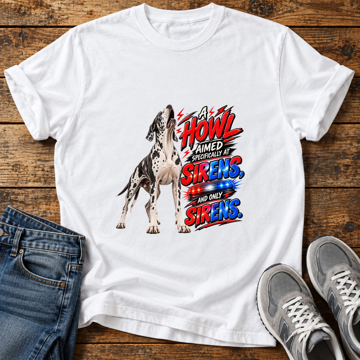 Howl Sirens Great Dane graphic T-shirt in White, shown on a flat-lay shirt mockup