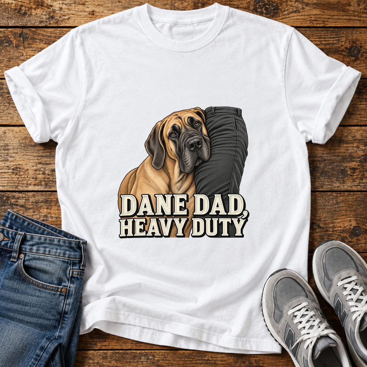 Dane Dad Duty Great Dane graphic T-shirt in White, shown on a flat-lay shirt mockup