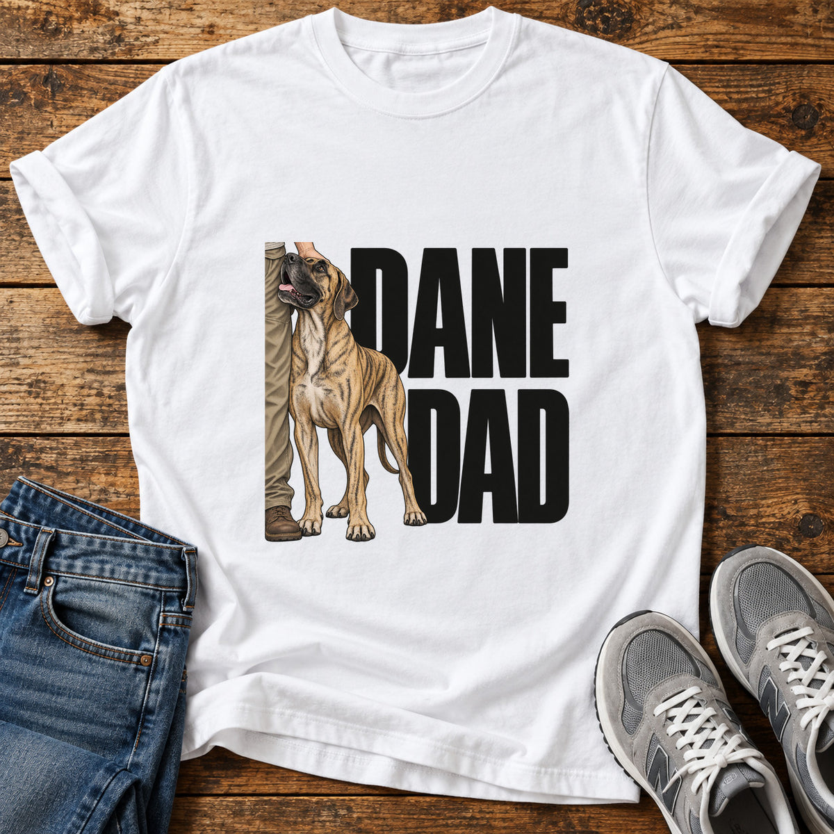 Dane Dad Great Dane graphic T-shirt in White, shown on a flat-lay shirt mockup