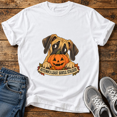 Autumn's Stalker Great Dane graphic T-shirt in White, shown on a flat-lay shirt mockup