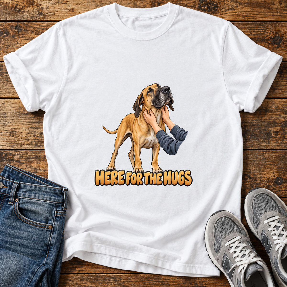 Here For Hugs Great Dane graphic T-shirt in White, shown on a flat-lay shirt mockup