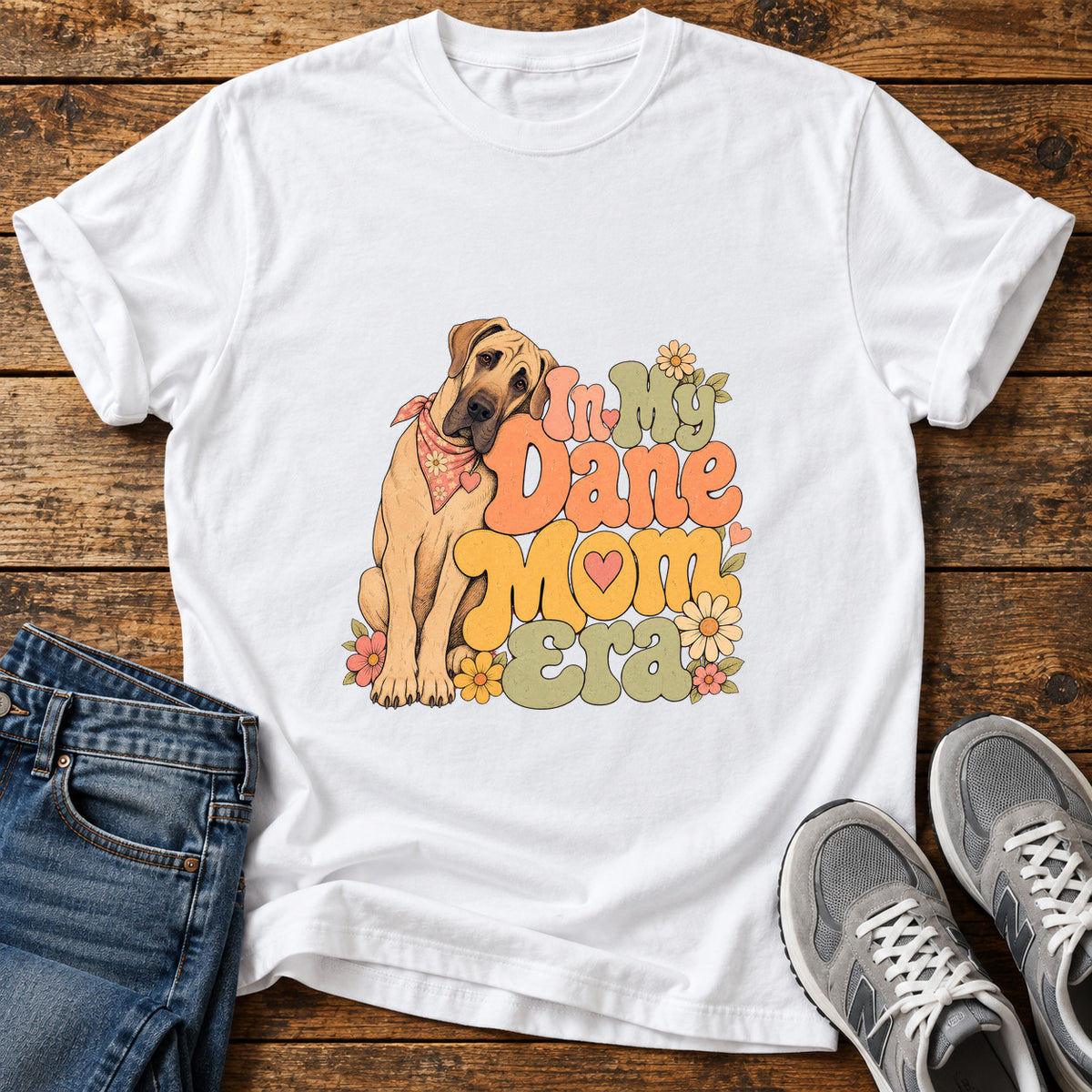 Dane Mom Era Great Dane graphic T-shirt in White, shown on a flat-lay shirt mockup
