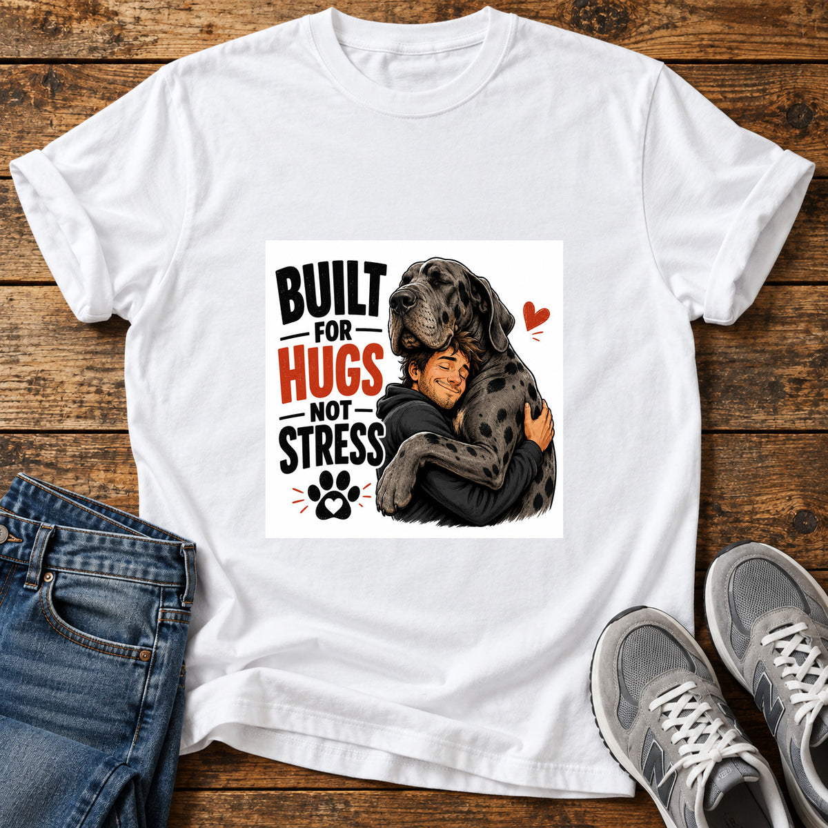 Built For Hugs Great Dane graphic T-shirt in White, shown on a flat-lay shirt mockup