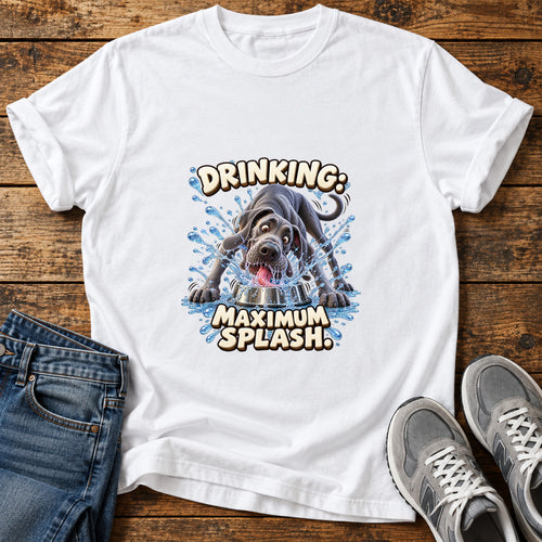 Drinking Splash Great Dane graphic T-shirt in White, shown on a flat-lay shirt mockup