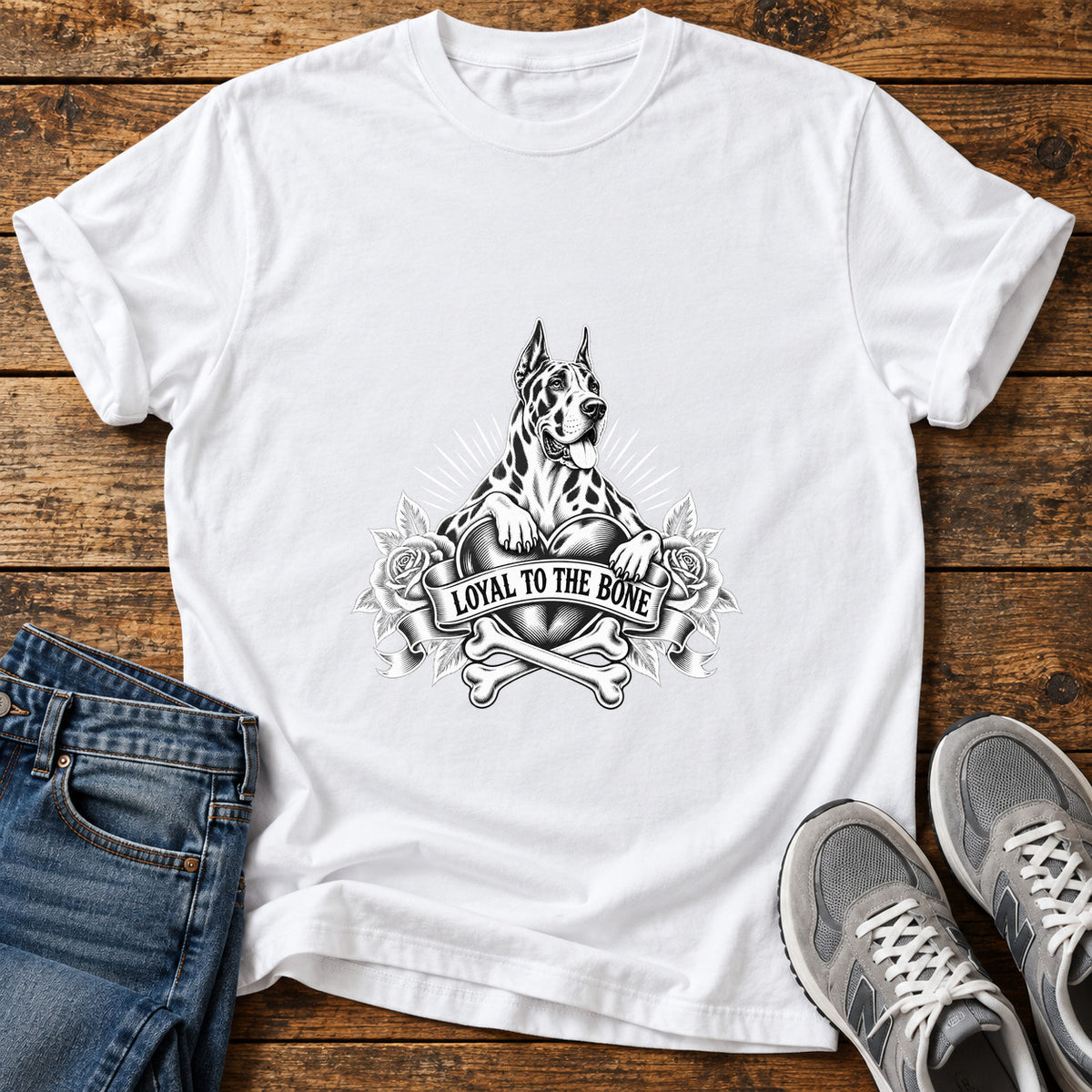 Loyal To The Great Dane graphic T-shirt in White, shown on a flat-lay shirt mockup