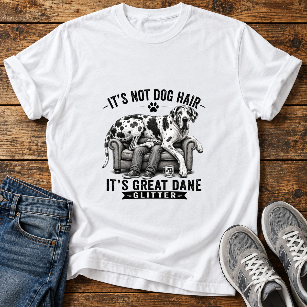 Great Dane Glitter graphic T-shirt in White, shown on a flat-lay shirt mockup