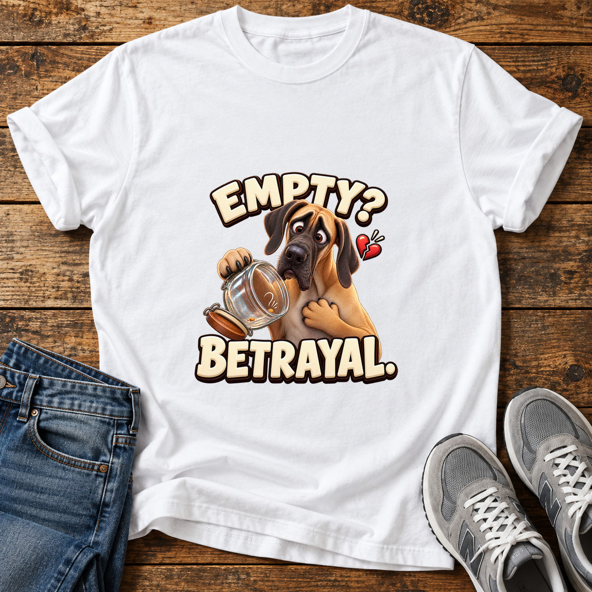 Empty Betrayal Great Dane graphic T-shirt in White, shown on a flat-lay shirt mockup