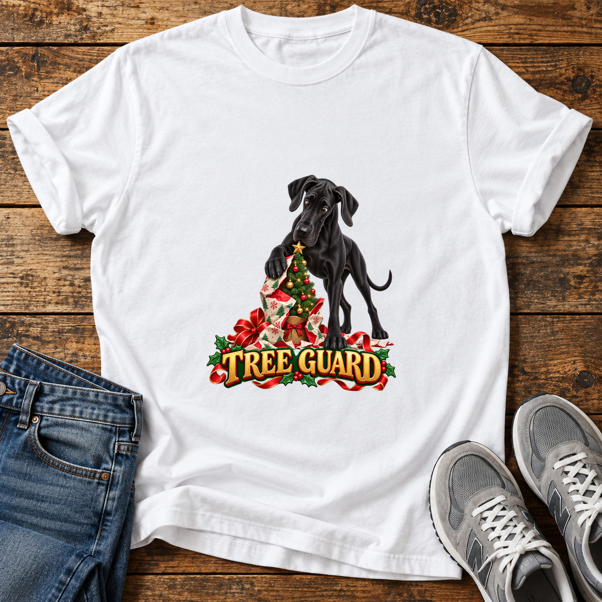 Tree Guard Great Dane graphic T-shirt in White, shown on a flat-lay shirt mockup