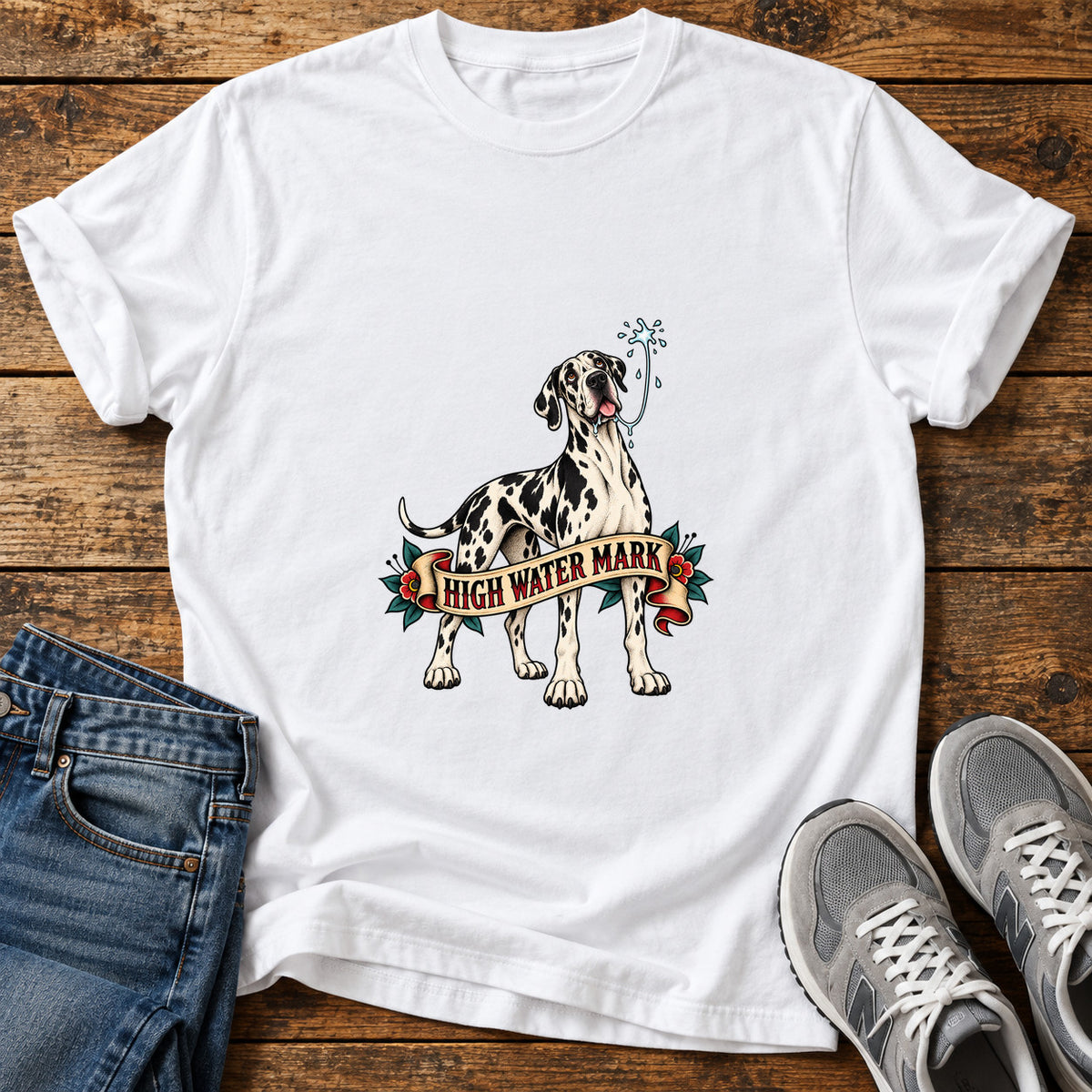 High Water Mark Great Dane graphic T-shirt in White, shown on a flat-lay shirt mockup