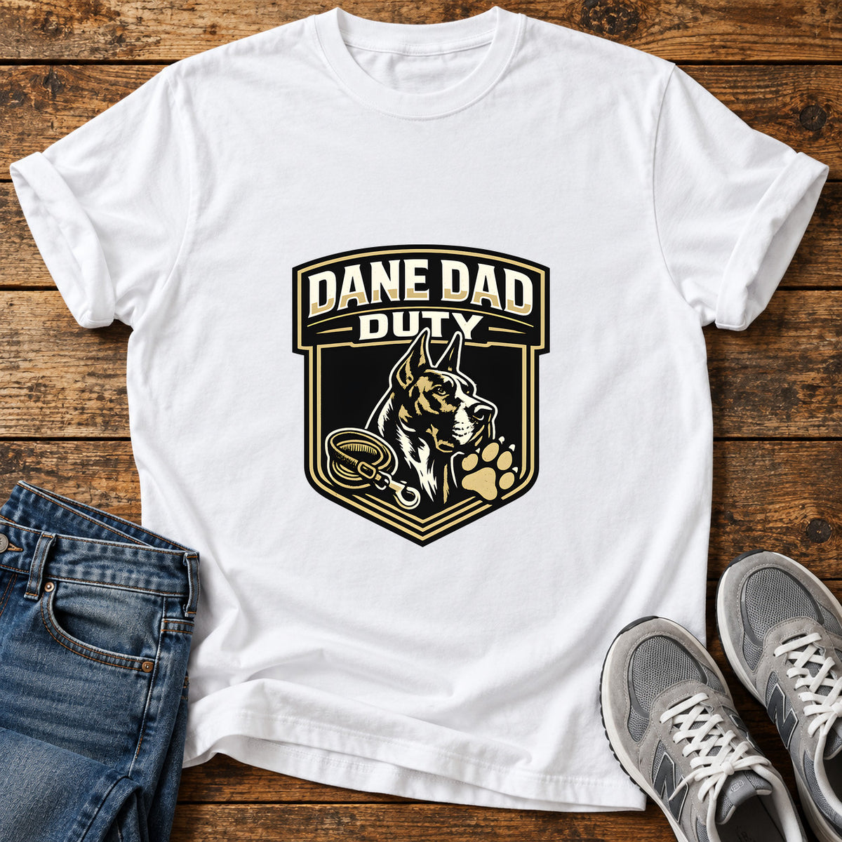 Dane Dad Duty Great Dane graphic T-shirt in White, shown on a flat-lay shirt mockup