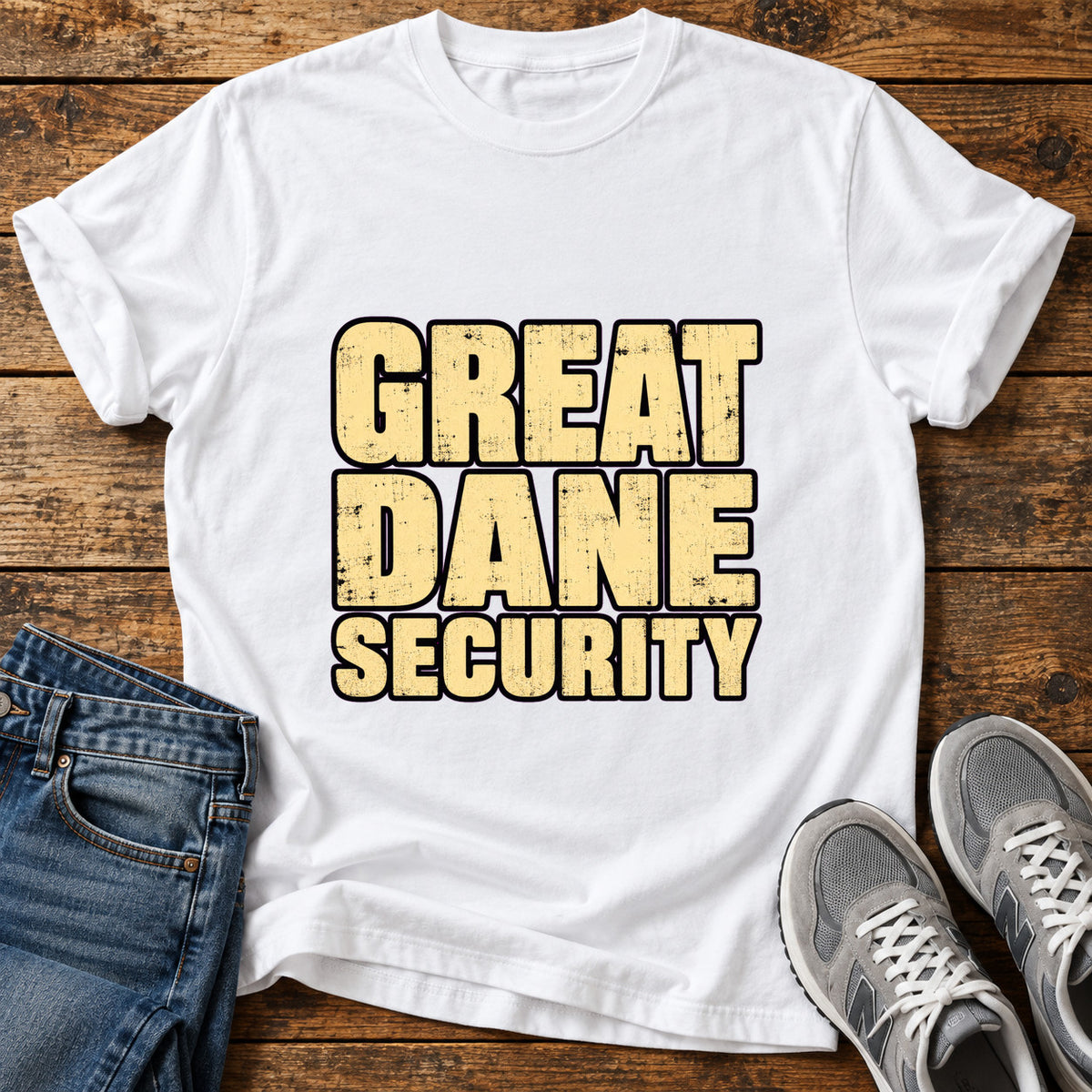 Great Dane Security graphic T-shirt in White, shown on a flat-lay shirt mockup