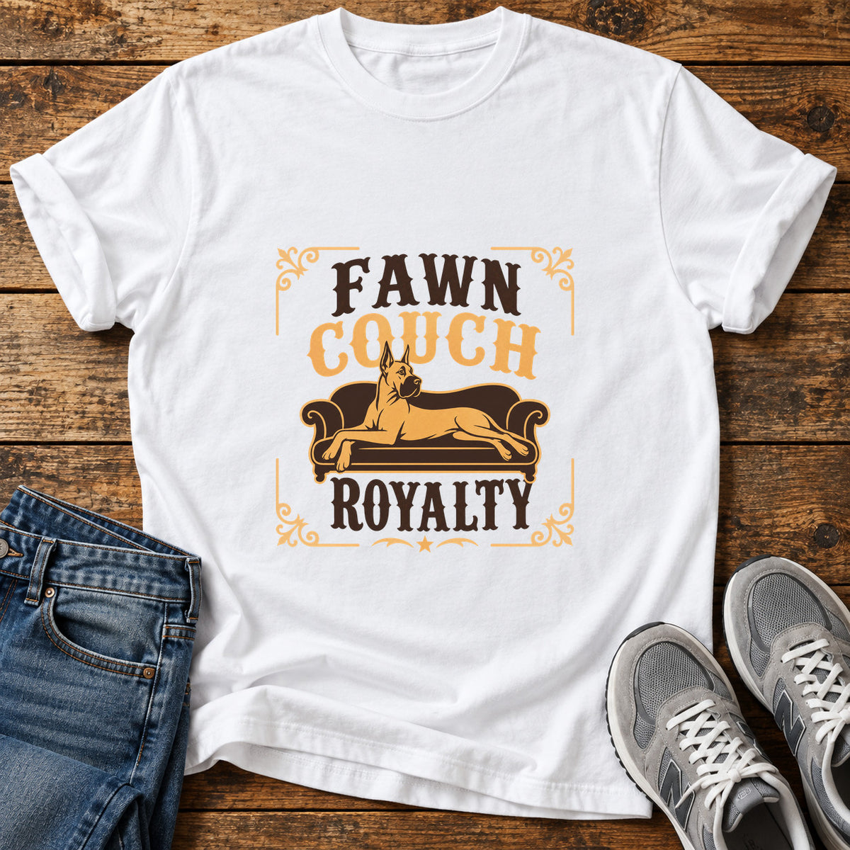 Fawn Couch Royalty Great Dane graphic T-shirt in White, shown on a flat-lay shirt mockup