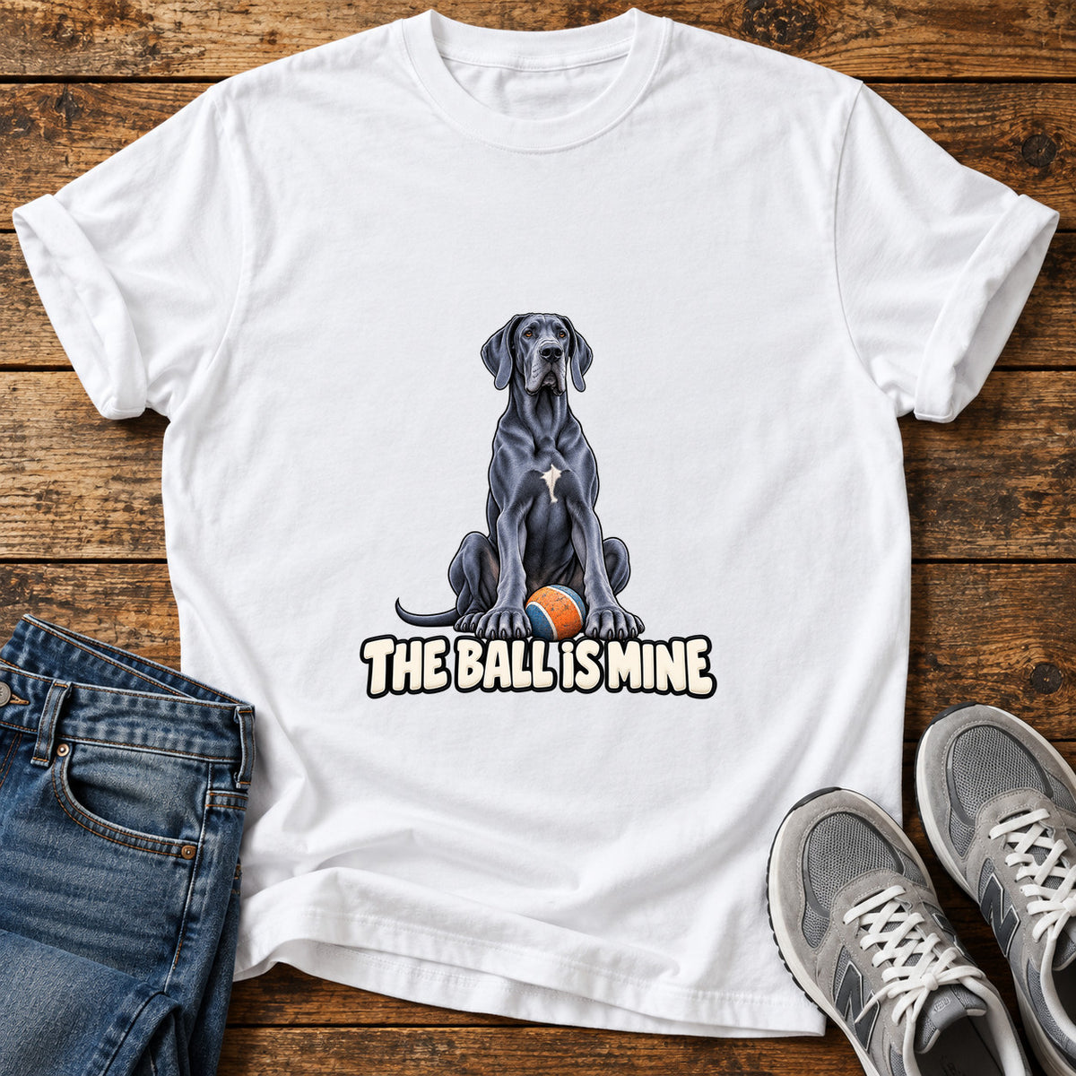 The Ball Is Great Dane graphic T-shirt in White, shown on a flat-lay shirt mockup