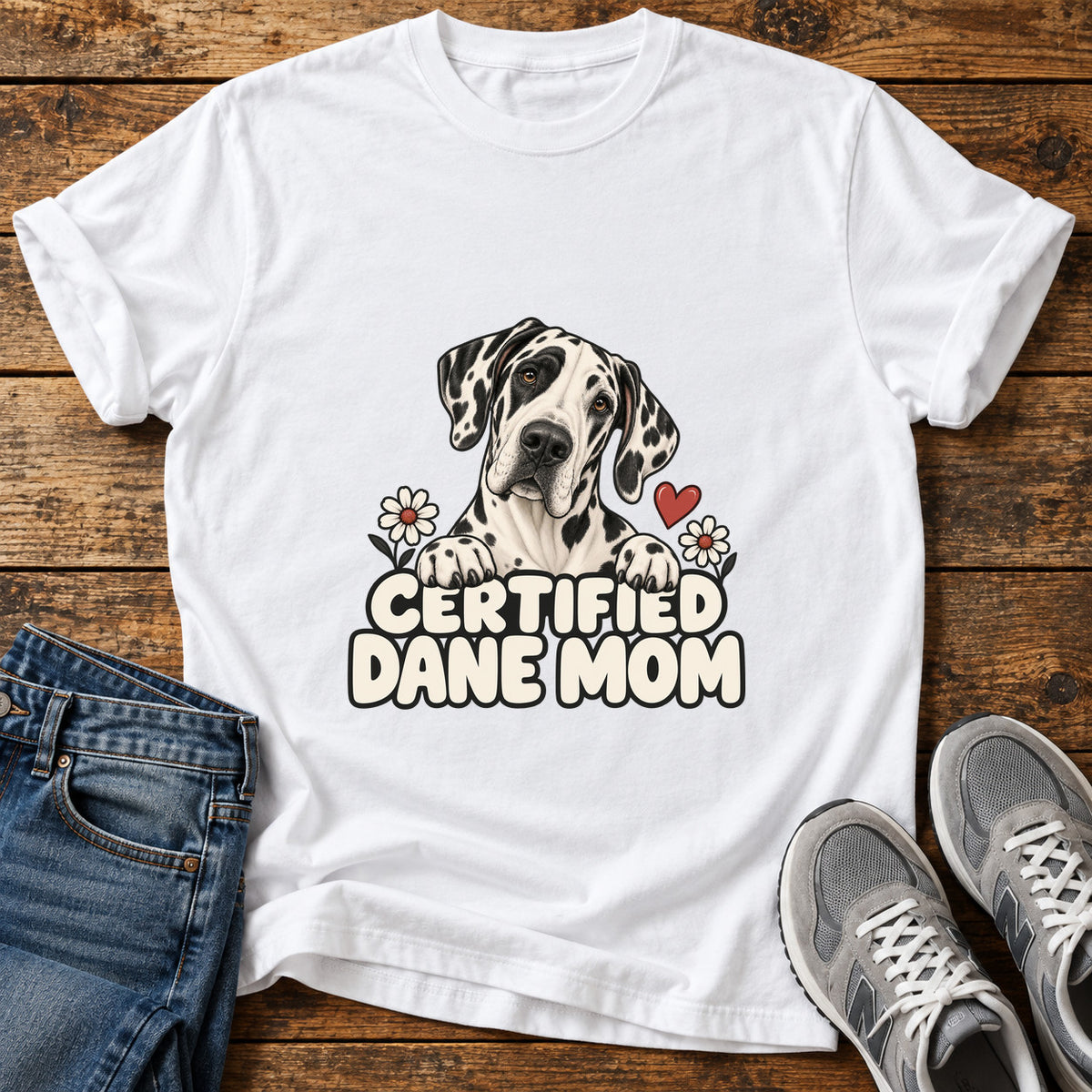 Certified Dane Mom Great Dane graphic T-shirt in White, shown on a flat-lay shirt mockup