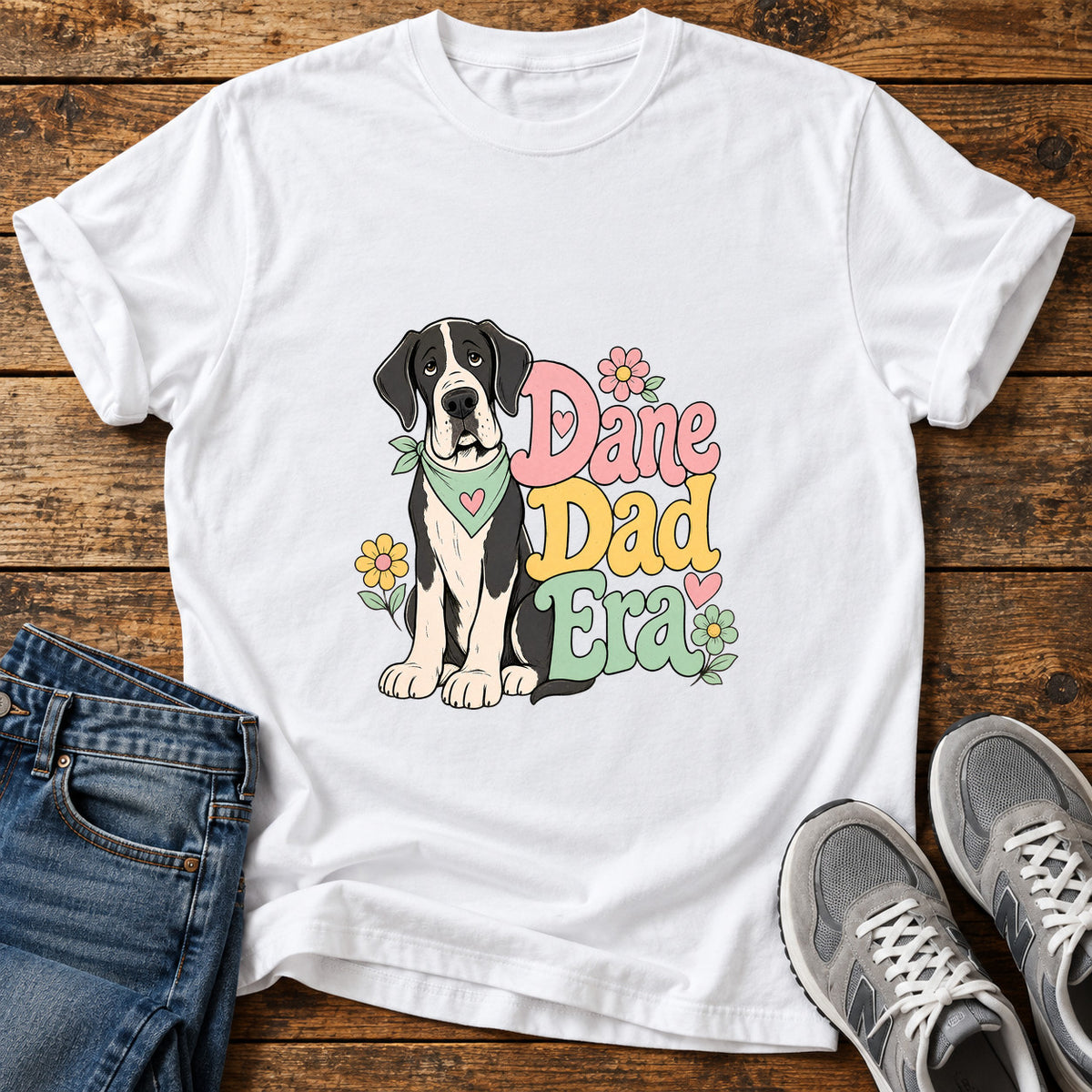 Dane Dad Era Great Dane graphic T-shirt in White, shown on a flat-lay shirt mockup